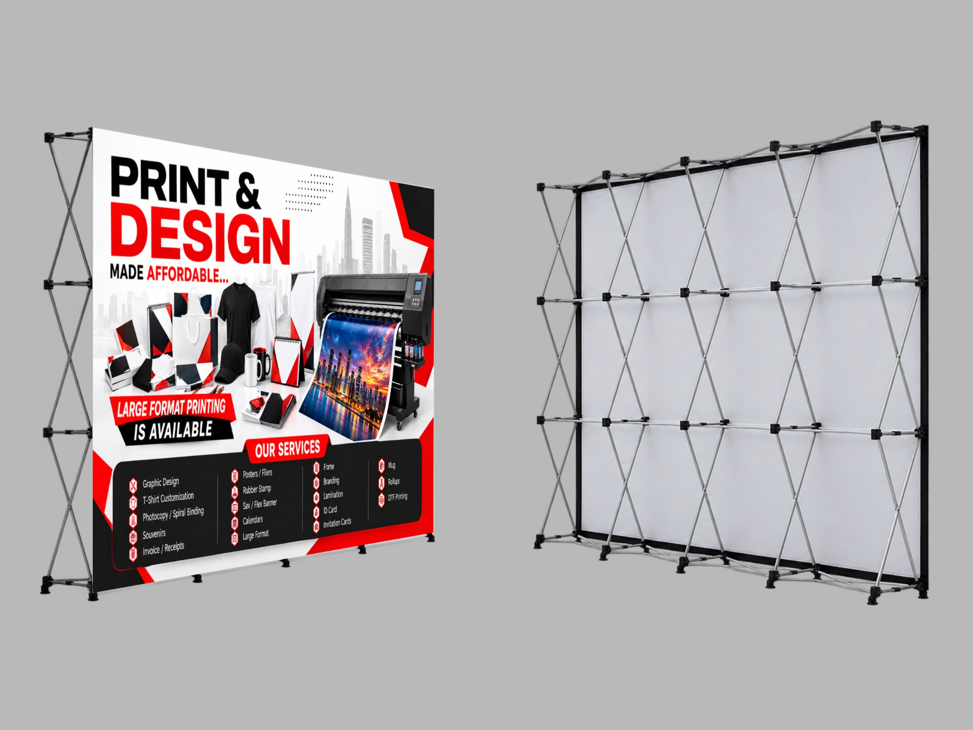 Printred media banner stand with a printed backdrop