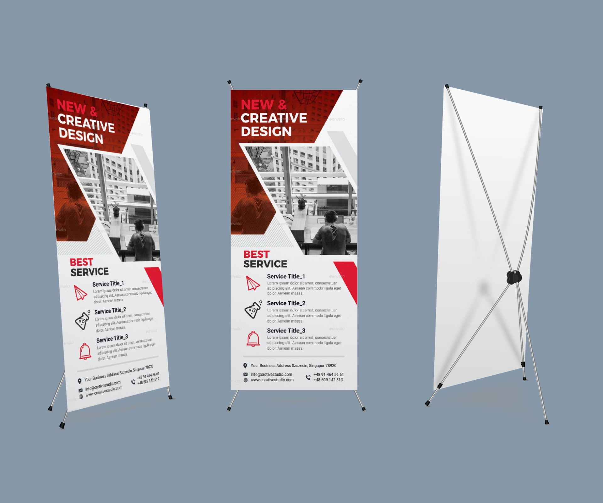X-banner stands shown from the front and rear