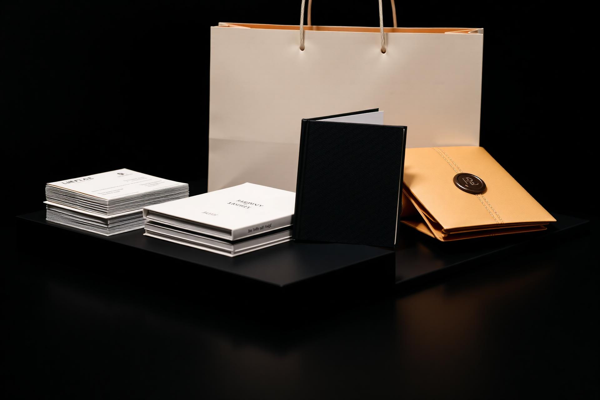 Premium printed products — business cards, hardcover book, luxury paper bag and wax-sealed envelope on a dark surface
